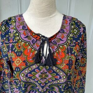 NLW.‎ Multicolored Boho Tunic. Long Ruched Sleeves. Size Small. Tassel.
